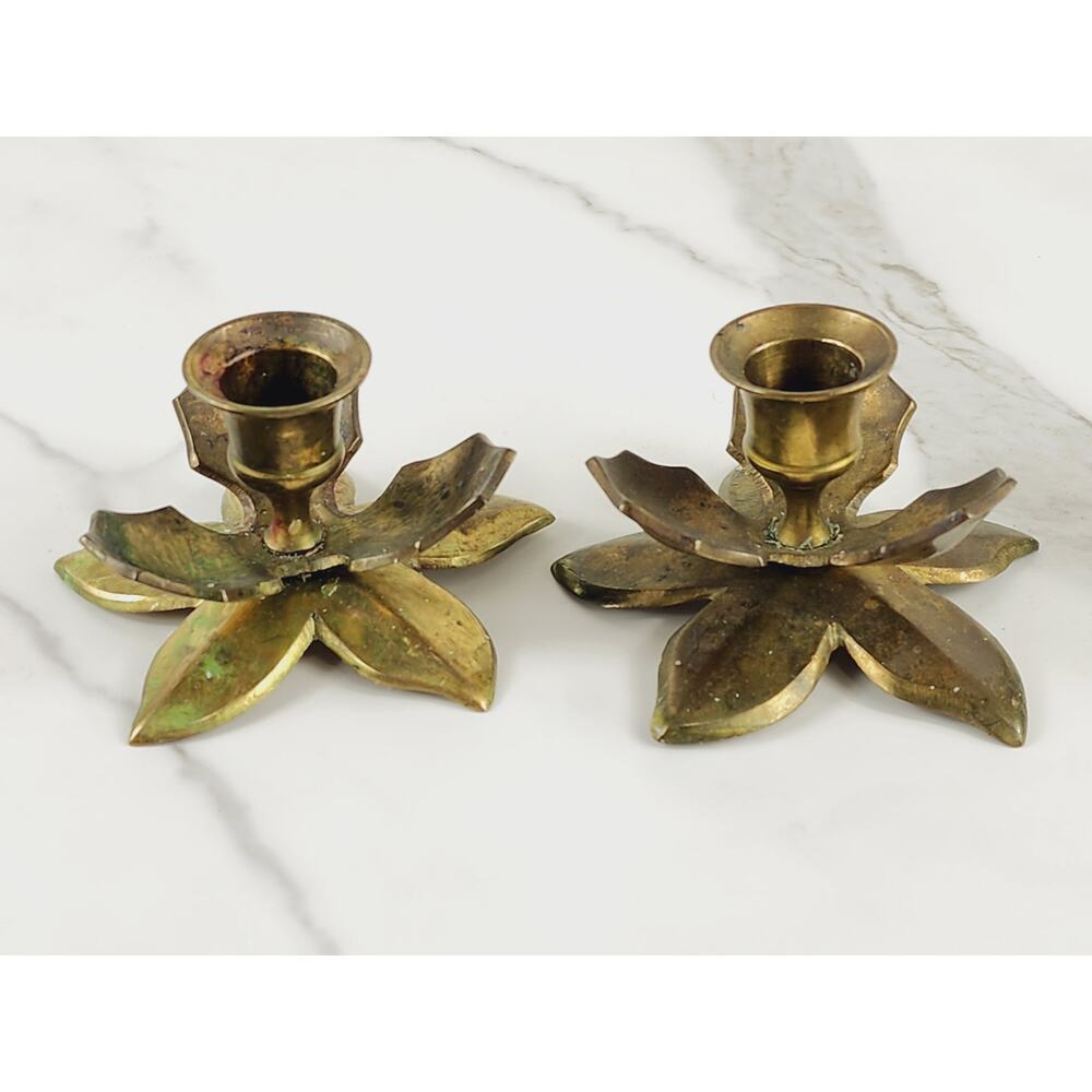 Brass Candle Holder Flower  Lotus Shaped Candlestick 4" Home Decor 80's x2 Vtg